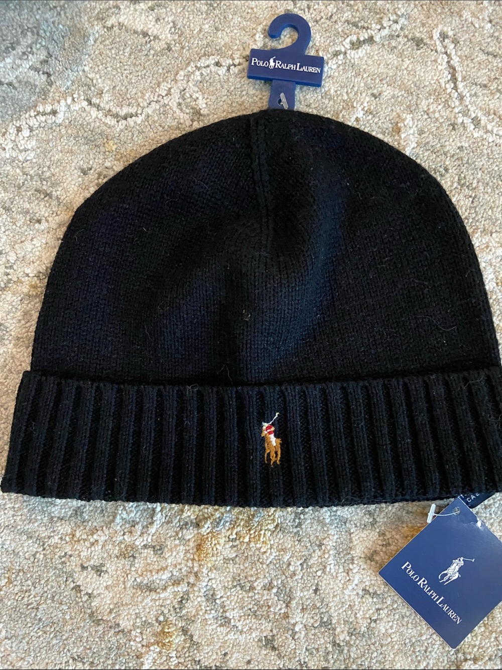 Polo by Ralph Lauren Black Ribbed Knit Beanie with Pony